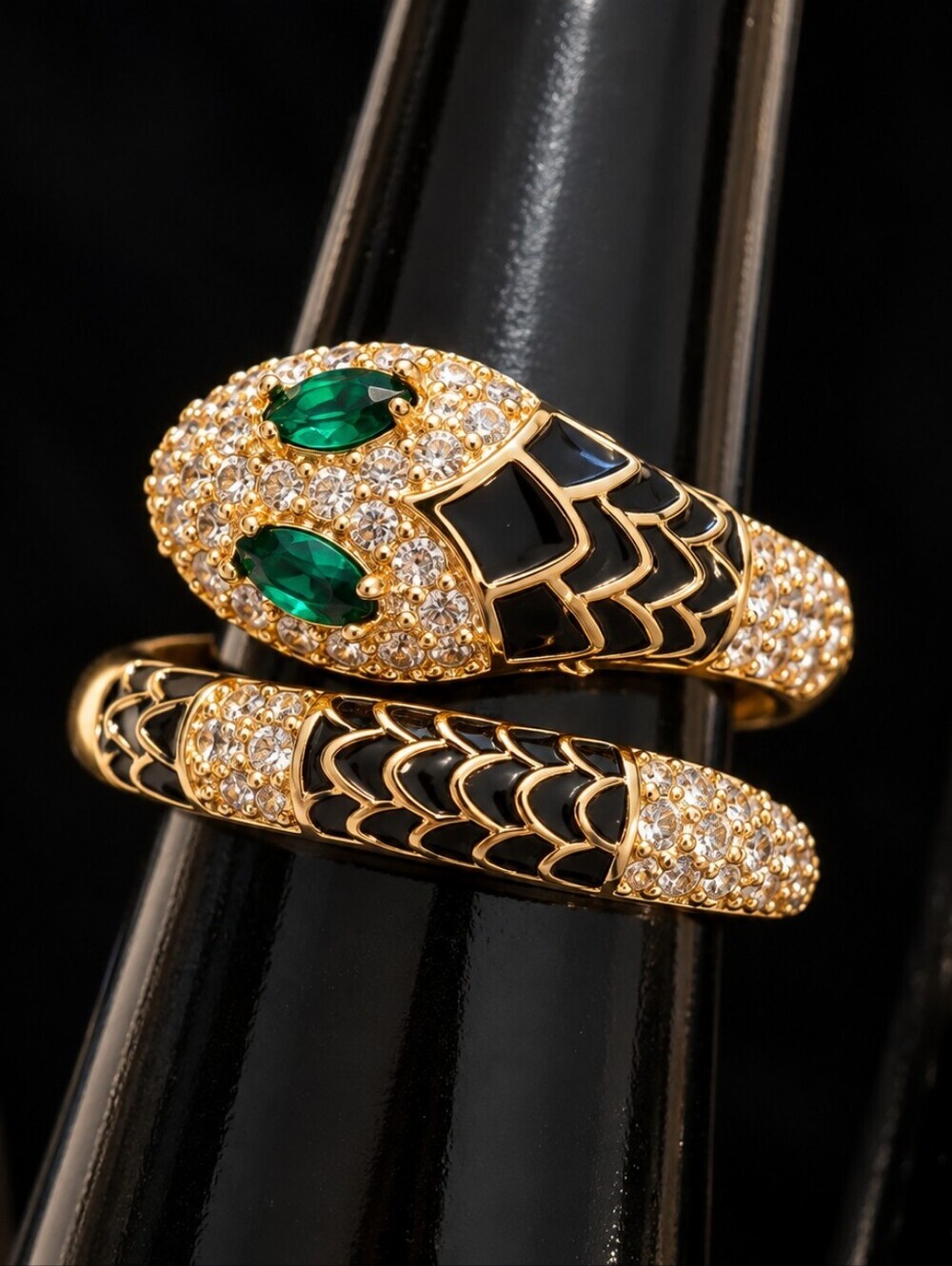 22kgp Duabi Jewelry- Gold Tone Snake Wrap Ring with Green Stone Eyes